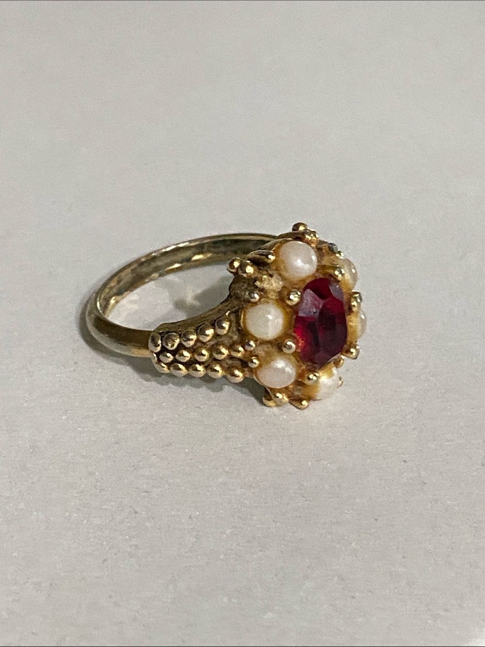 Gold Pearl Halo Ring with Red Center Stone - Picture 3 of 4
